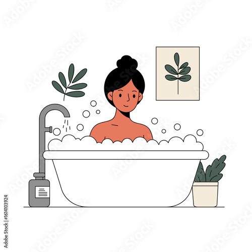 Woman relaxing in bath with bubbles and plants in modern bathroom  