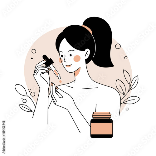 Young woman applying serum to her face with skincare products  