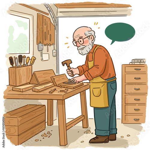 Elderly man working in woodworking shop with tools and wood pieces  