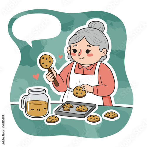 Happy elderly woman baking cookies in kitchen with jar of dough  