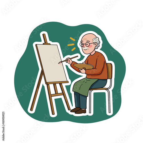 Elderly man painting on easel while sitting in chair at workshop  
