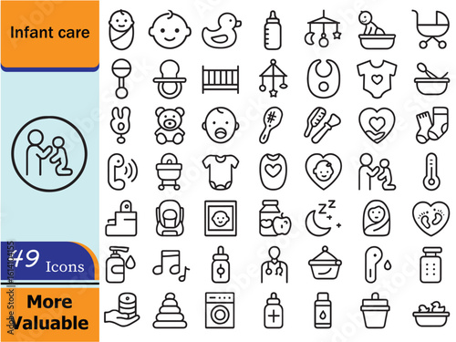 Infant care Line Icon Set.