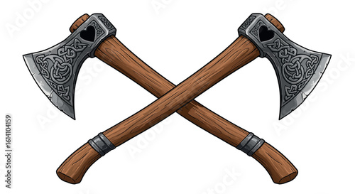 Detailed crossed viking axes with intricate celtic patterns design