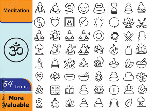 Meditation Line Icons Set.