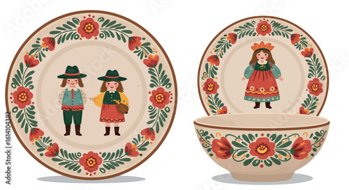 Traditional folk art dishware featuring floral patterns and figures