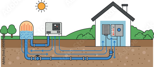 Residential geothermal heating system diagram with pipes and control unit