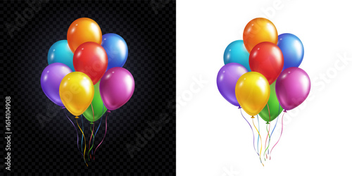 Balloons bunch isolated on transparent and white backgrounds. Vector colorful festive 3d helium balloons template for anniversary, birthday party design