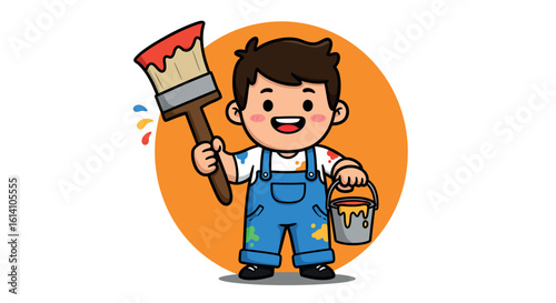 Cute cartoon painter boy with brush and paint can in overalls