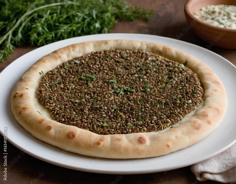 Middle Eastern Zaatar Flatbread with Fresh Herb Garnish Middle Eastern Zaatar Flatbread with Fresh Herb Garnish