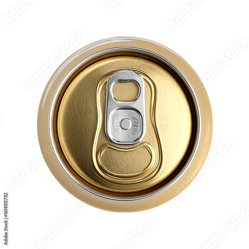 3d Top view of closed golden color aluminum soda can top view on transparent background