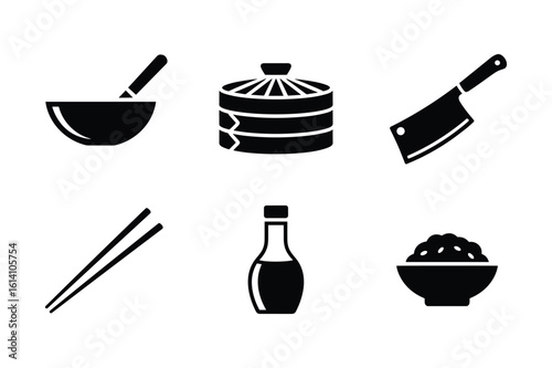 Asian culinary tools and ingredients minimalistic silhouette