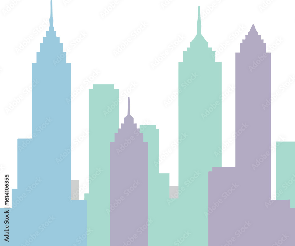 Fototapeta premium Colorful city skyline silhouette vector with pastel blue green and purple buildings in simple style for urban design and architecture projects 