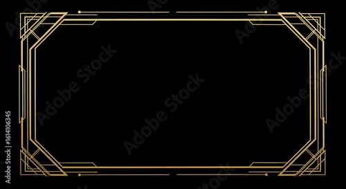 Elegant Art Deco geometric frame in gold, a vintage border design on a black background
