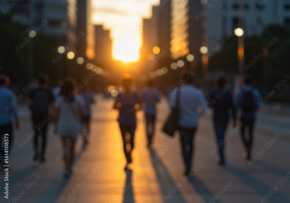 Obraz premium 夕暮れ時、都会の街路を人々が活気溢れる足取りで歩く様子を描写。