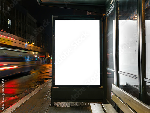 Urban Bus Stop Billboard Mockup with Light Trails at Night on Wet Street