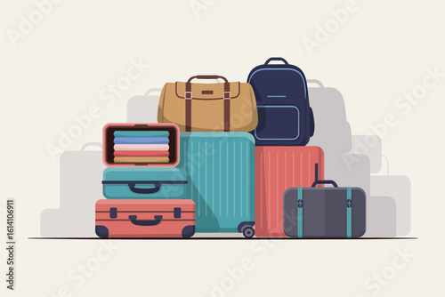 A stack of luggage including suitcases a backpack and a duffel bag ready for travel adventure