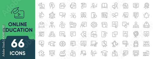 Online Education line icon set. Includes 66 outline icons related to e-learning, virtual classes, academic degrees, graduation hats, and digital study tools. Editable stroke. Vector illustration.