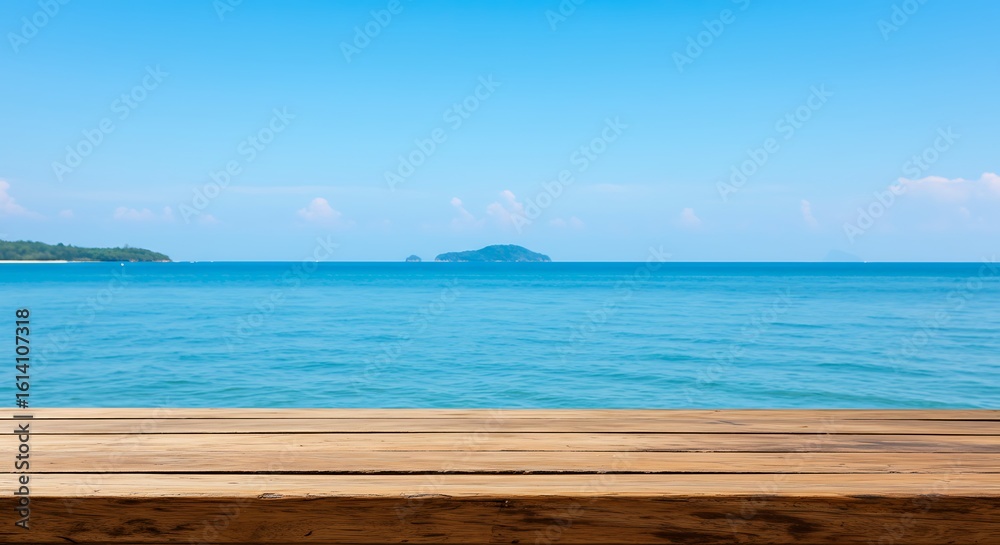 Fototapeta premium Empty wooden table top with a beautiful summer sea view and tropical island horizon.