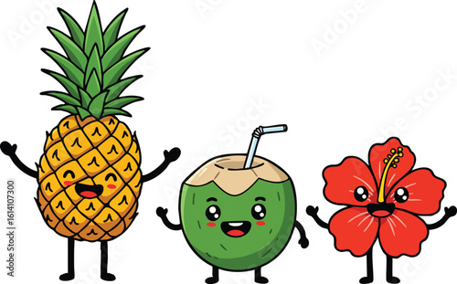 Pineapple coconut and red hibiscus flower cartoon characters with happy faces and arms vector illustration 