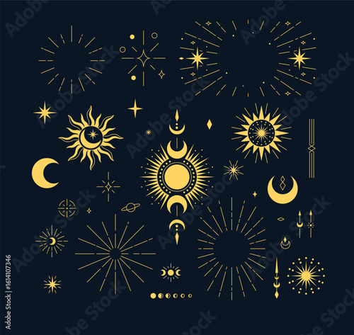 Set of yellow celestial elements on dark background with sun, moon and stars.
