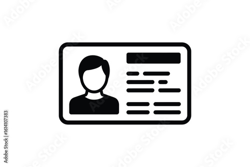 An identification card with a person icon and text fields in black and white vector format