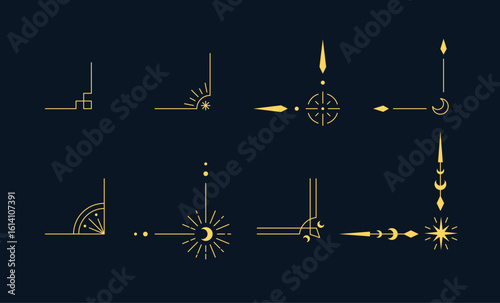 Celestial tarot corner ornament vector set, mystical spiritual Boho line art, thin frame with crescent moon, stars, rays