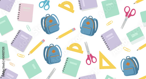 Seamless pattern of school supplies on white background on transparent background