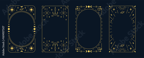 Celestial ornament for tarot card design, golden Boho line art rectangular frames, mystical thin line border vector set