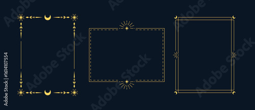 Set of golden linear frames with occult symbols, crescent moon, stars on black background.