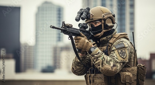 Fototapeta Naklejka Na Ścianę i Meble -  Soldier, a man in combat uniform, holding a rifle and aiming it during a special operation in an urban environment.