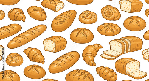 Seamless pattern of various types of bread on transparent background