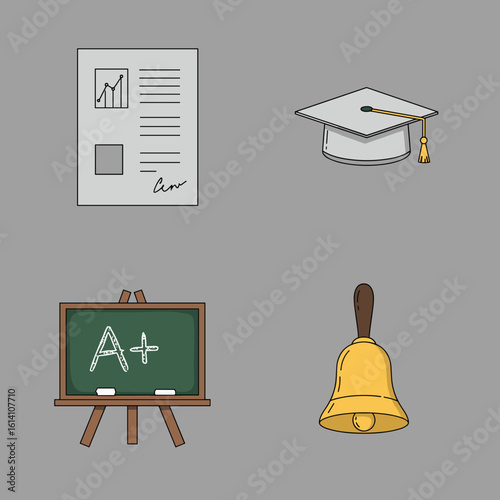 Educational icons: report card, graduation cap, chalkboard with a+, and school bell on transparent background