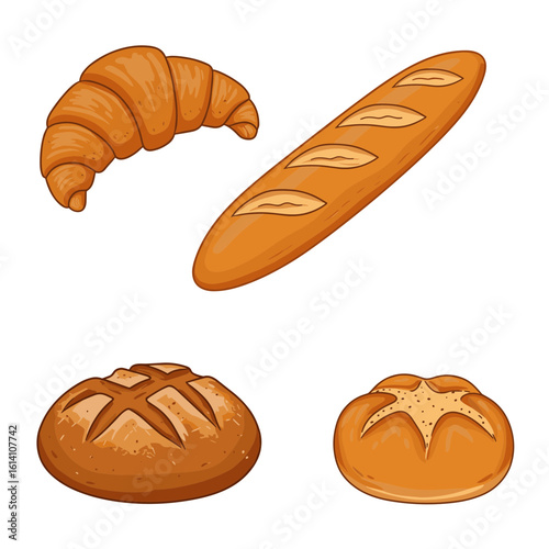 Cartoon illustration of a croissant, baguette, and two round loaves of bread on transparent background