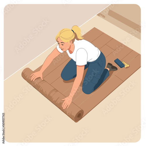 Young woman laying linoleum flooring in home interior  