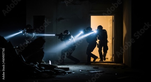 Tactical team of men operating in dark. Military special operations unit moving through building. Force protection concept.