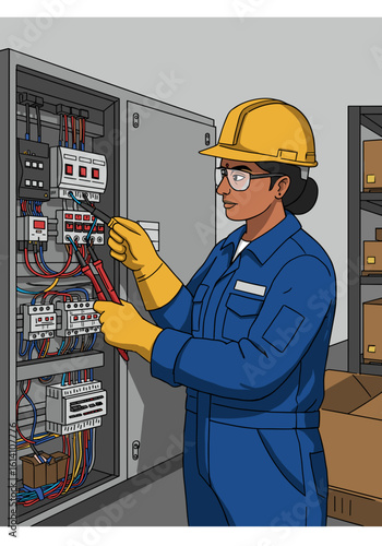 Female electrician checking cables in indoor switchboard