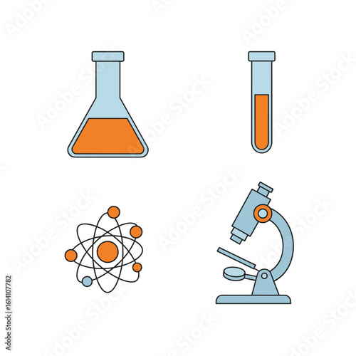 Science icons: flask, test tube, atom, and microscope on transparent background