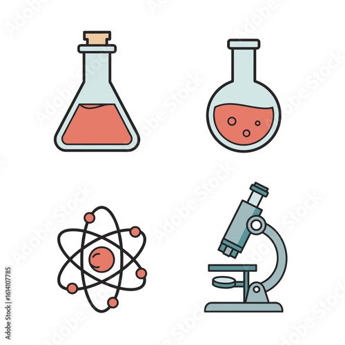 Science lab equipment: flasks, atom model, and microscope illustration on transparent background