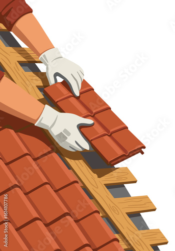 Roofer installing clay tiles on wooden framework of a rooftop  