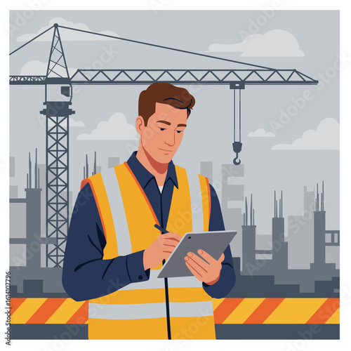 Construction engineer taking notes on tablet at building site  