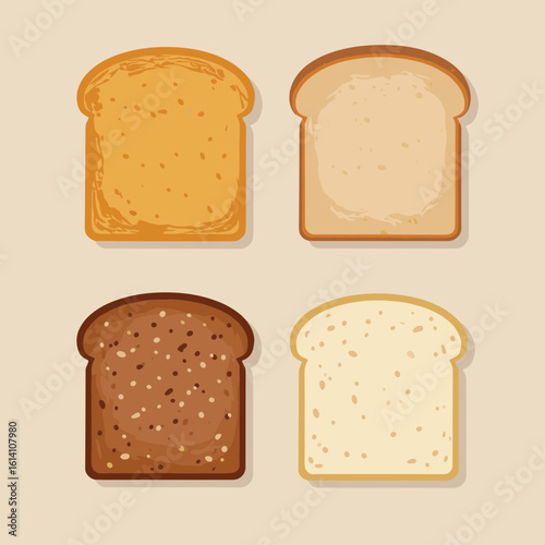 Four slices of bread with varying colors on transparent background