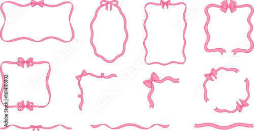 Vector set of decorative frames, corners and ribbons of different shapes, pink color.