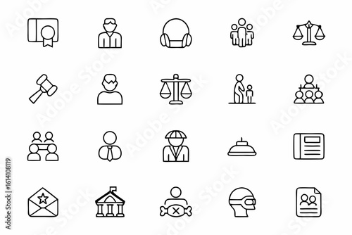 A clean and informative icon set illustrating key figures within the judicial process. Great for legal firm websites, educational visuals, and lawyer profiles