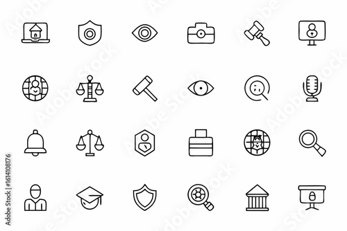 A law-compliant set of line icons focusing on security, rights, and courtroom protection. Ideal for legal education, human rights campaigns, and civic tech apps