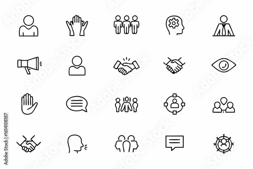 A human-focused icon set representing interpersonal and workplace soft skills. Great for HR training modules, leadership coaching, and communication seminars