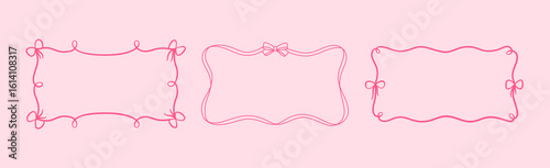 Set of vector, rectangular frames of wavy pink ribbons, with loops and bows.