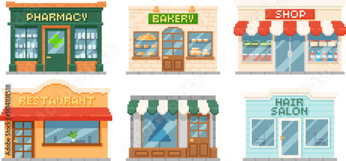 Set of pixel icons of building facades: pharmacy, bakery, store, restaurant, hairdresser.