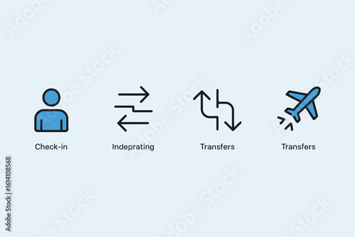 Four travel icons showing check in indeprating and transfers on a light blue background design layout