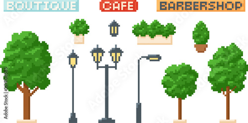 Set of pixel icons with trees, bushes, signs, lampposts and flowers in pots of different shapes.