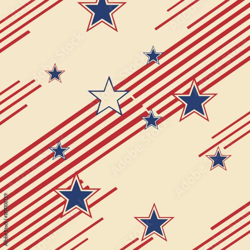 Patriotic stars and stripes seamless pattern vector with red and blue elements on cream background 